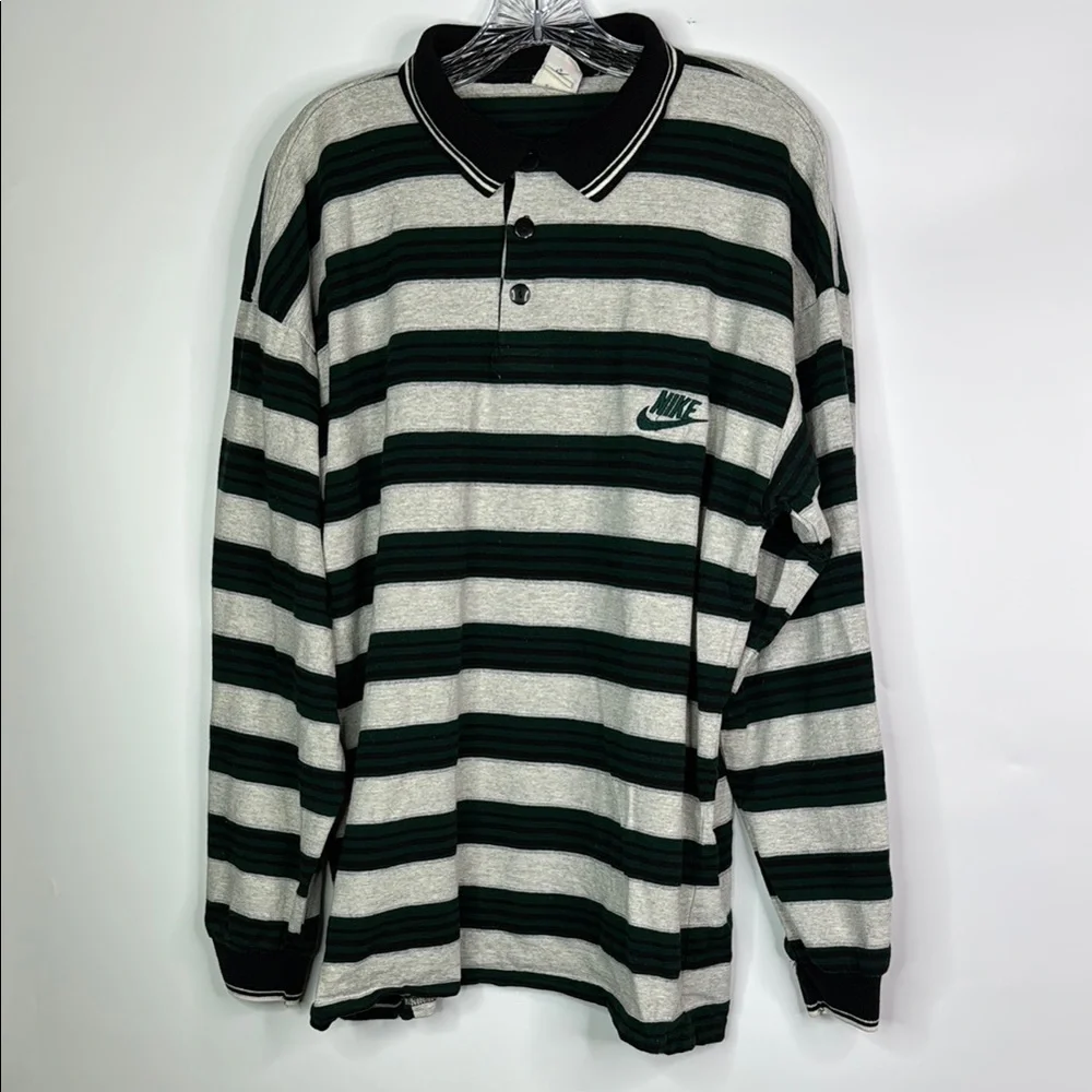 Vintage Nike Green Gray Black Striped Long Sleeve Polo Rugby Shirt XL 90s